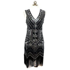Silver Black Sequin Embellished Beaded Formal Party Dress 2XL EUC
